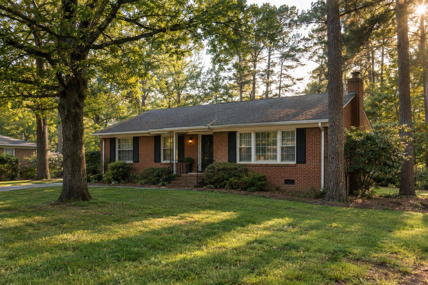 Brick ranch home surrounded by tall trees in a Charlotte neighborhood
